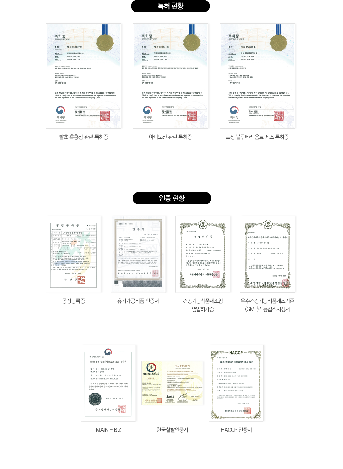 (주)한국인삼내츄럴 특허&인증현황